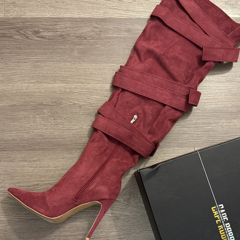 CAPE ROBBIN 🔥 Katey Buckle Suede Wrap Over-the-Knee Boots - Burgundy 🔥 Size 9